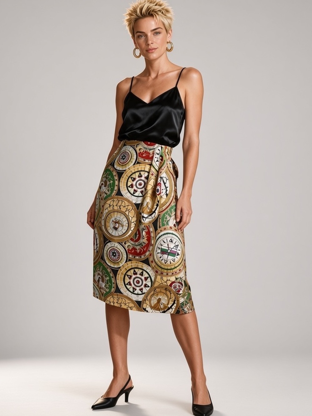 SK & Company Vintage Novelty Print Nautical Compass Baroque Midi Faux Skirt